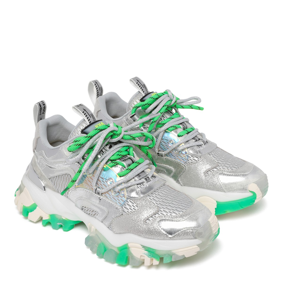Joia Paris Grey and Green Chunky Technical Sneakers.
