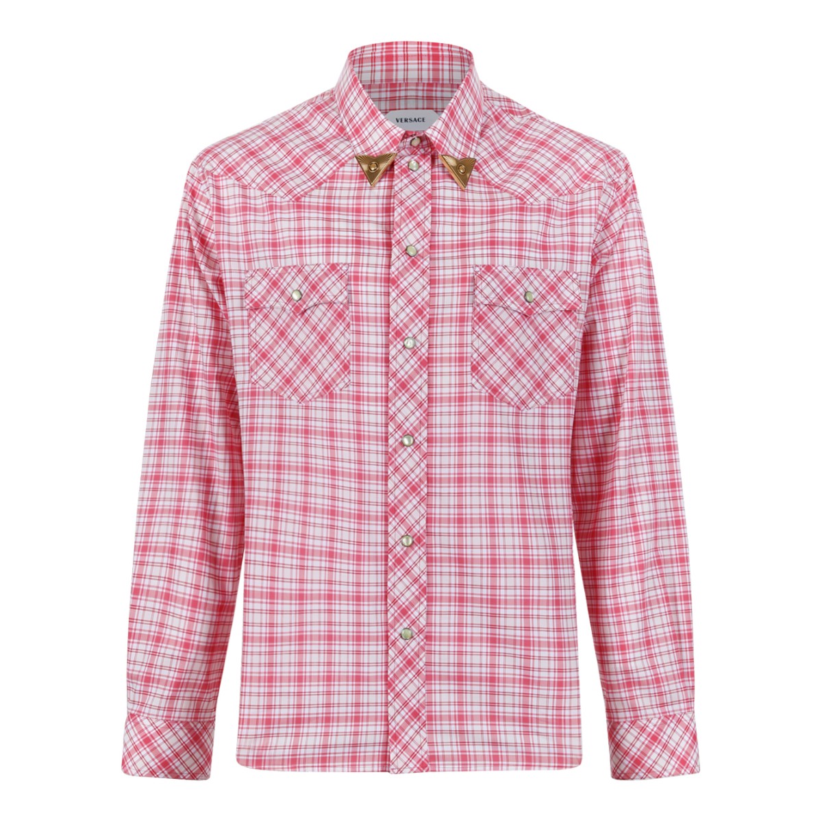 Versace Pink Check Cotton Shirt with Utility Pockets.