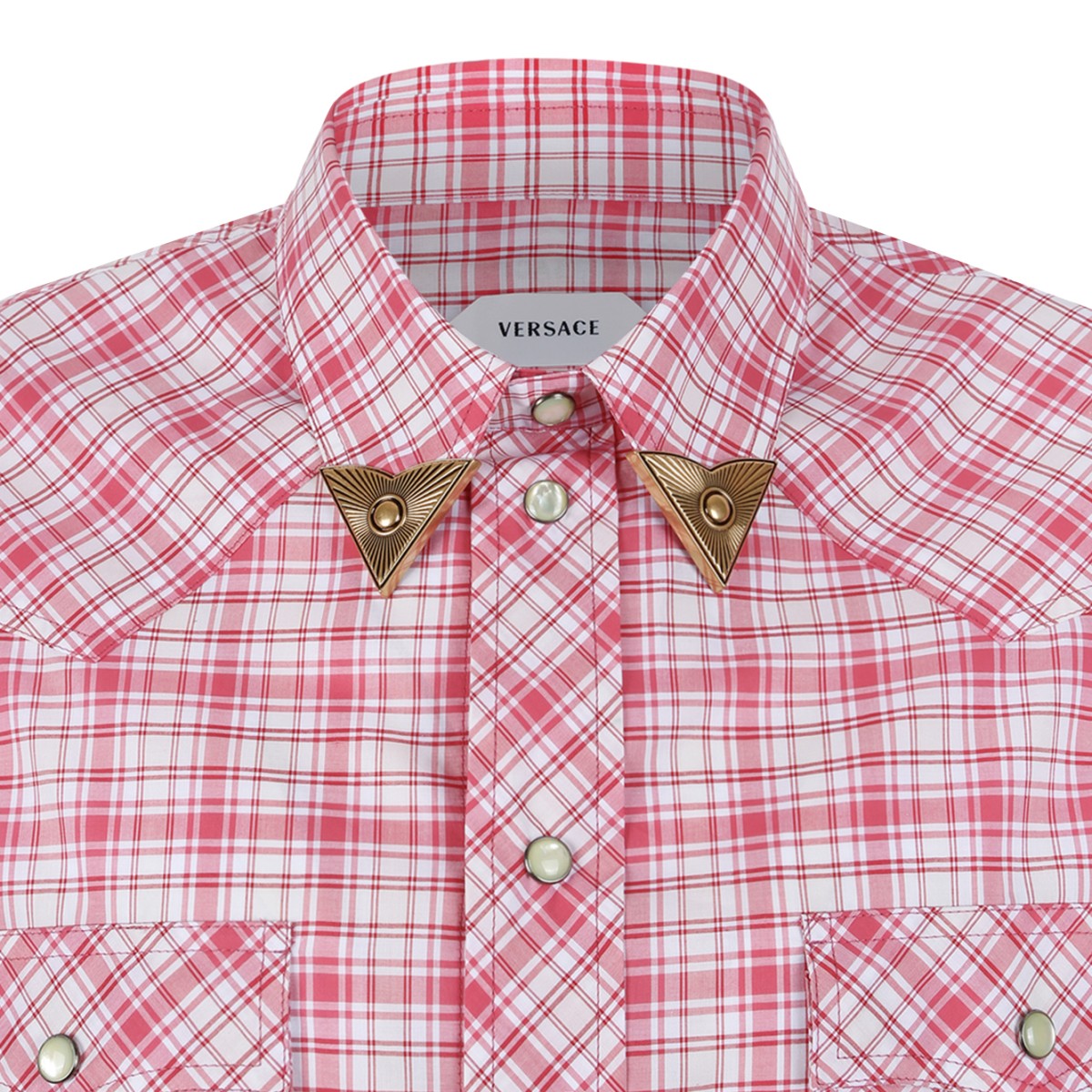 Versace Pink Check Cotton Shirt with Utility Pockets.