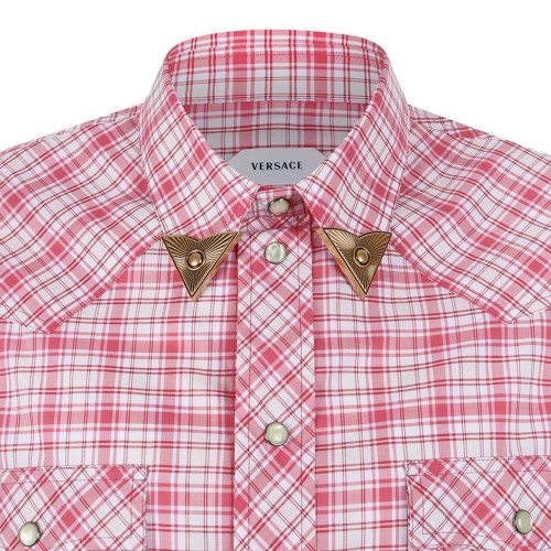 Versace Pink Check Cotton Shirt with Utility Pockets.