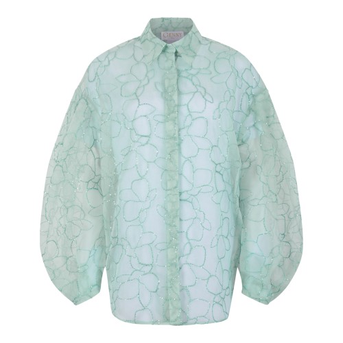 Genny Light Green Sheer Floral Oversized Shirt.  