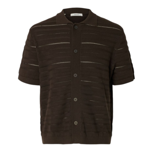 Selected Homme Brown Openwork Knit Polo Cardigan.