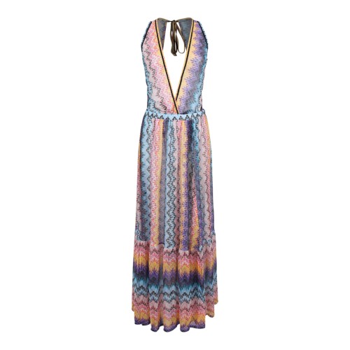 Missoni Multicolor Zigzag Knit Halterneck Maxi Dress.