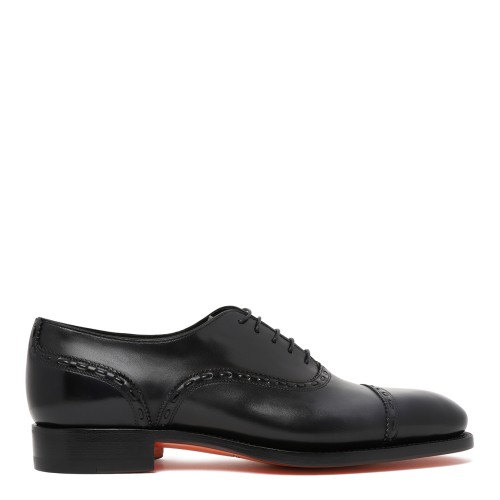 Santoni Black Leather Oxford Shoes.