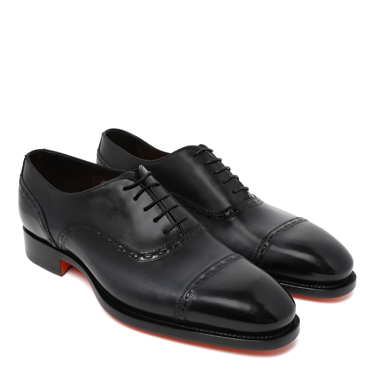 Santoni Black Leather Oxford Shoes.