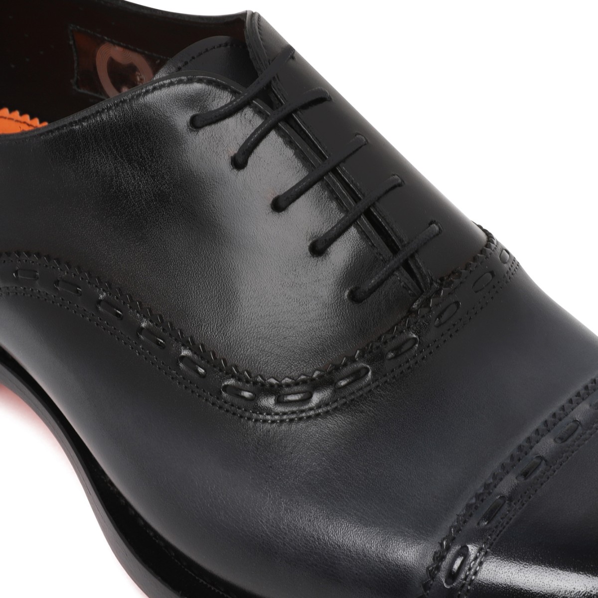 Santoni Black Leather Oxford Shoes.