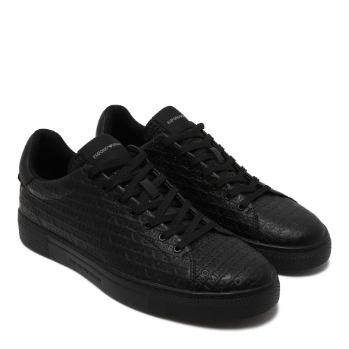 Emporio Armani Black Embossed Leather Sneakers. 2