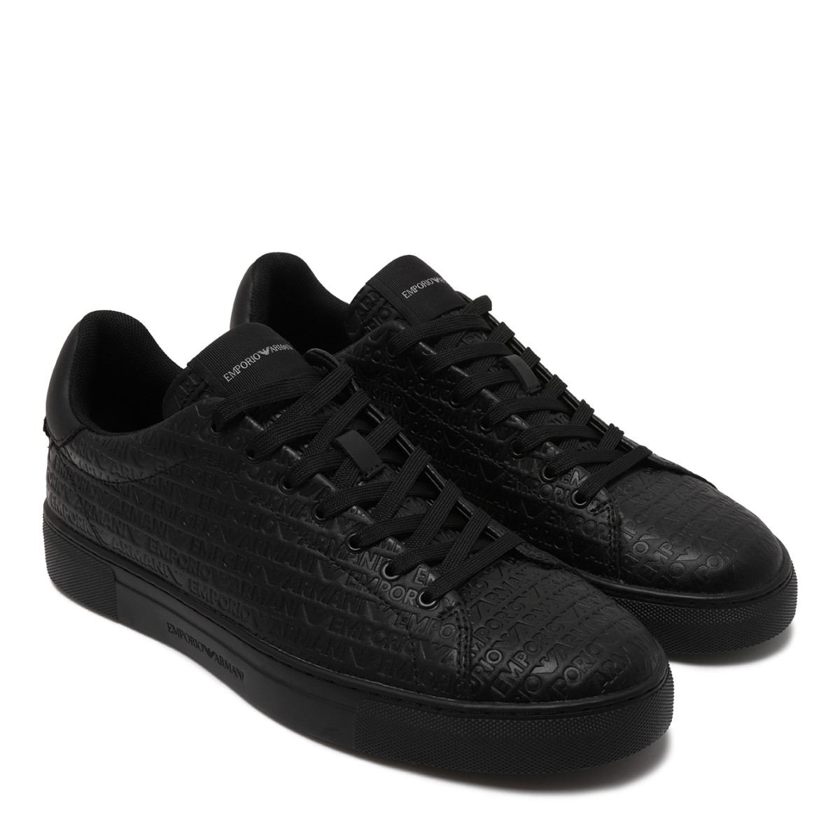 Emporio Armani Black Embossed Leather Sneakers.
