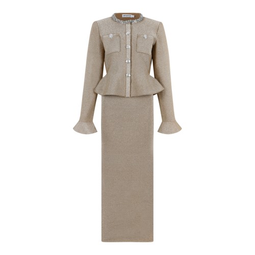 Self-Portrait Beige Knit Peplum Top and Maxi Skirt Set.