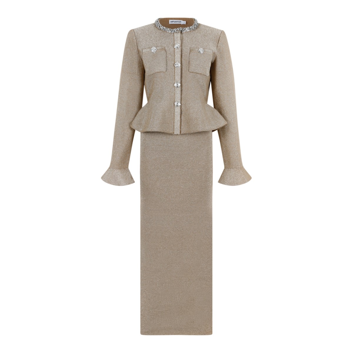 Self-Portrait Beige Knit Peplum Top and Maxi Skirt Set.