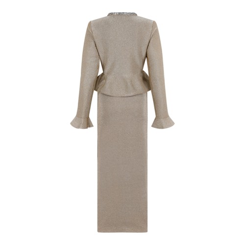 Self-Portrait Beige Knit Peplum Top and Maxi Skirt Set.