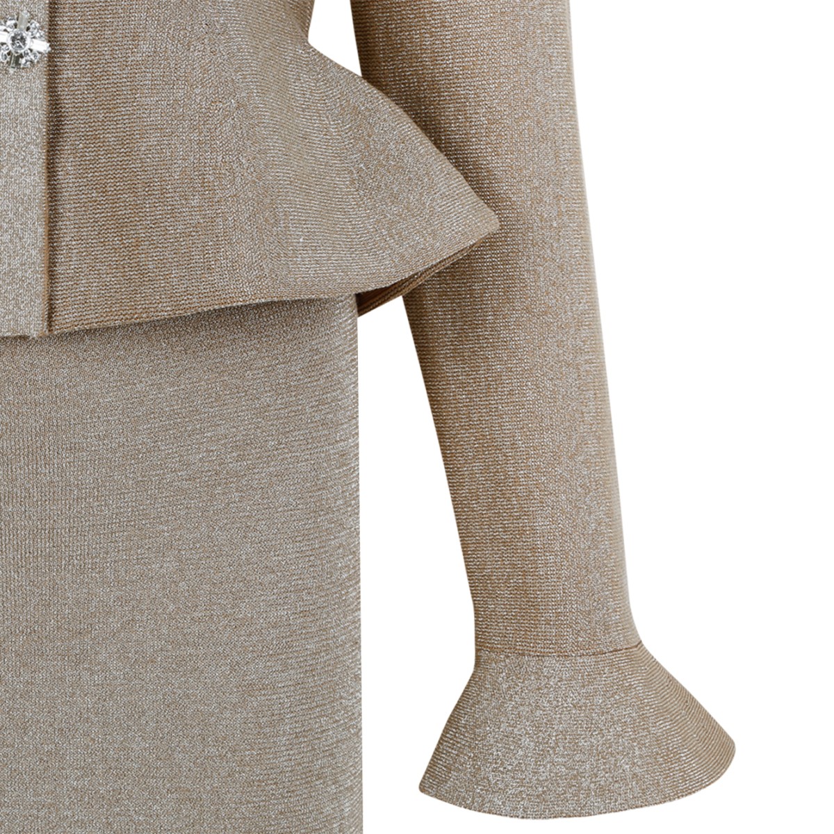 Self-Portrait Beige Knit Peplum Top and Maxi Skirt Set.