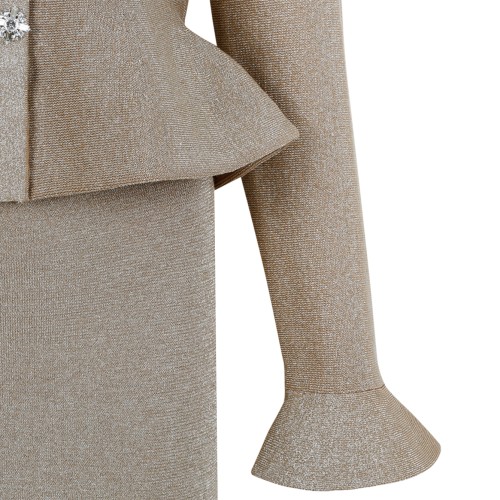 Self-Portrait Beige Knit Peplum Top and Maxi Skirt Set.