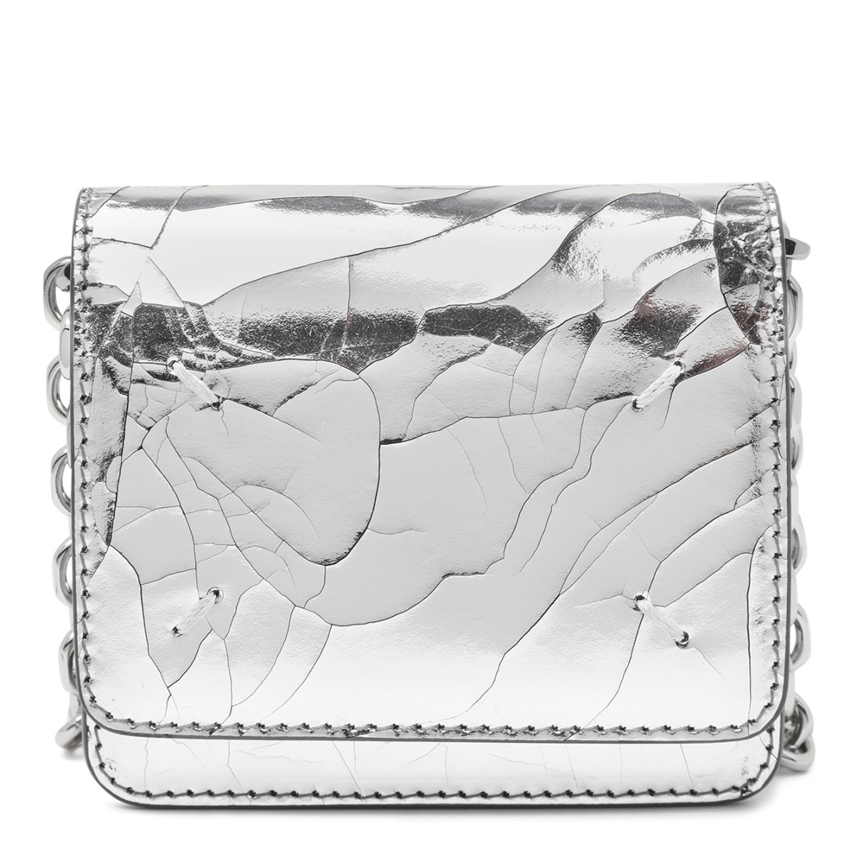 Maison Margiela Silver Crinkled Leather Shoulder Bag. 