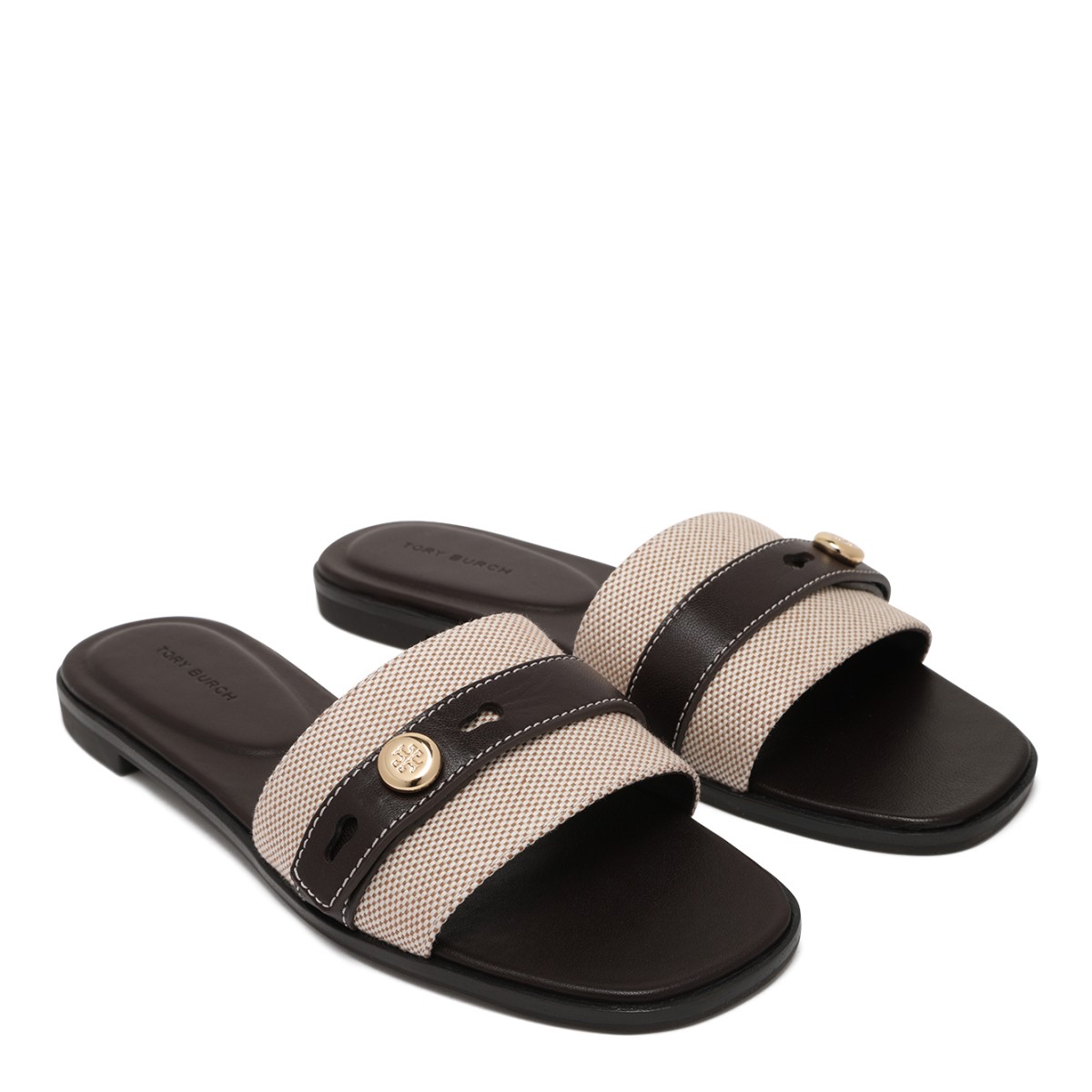 Tory Burch Beige and Black Double-Strap Sandals.