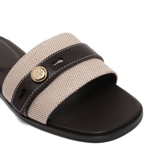 Tory Burch Beige and Black Double-Strap Sandals.