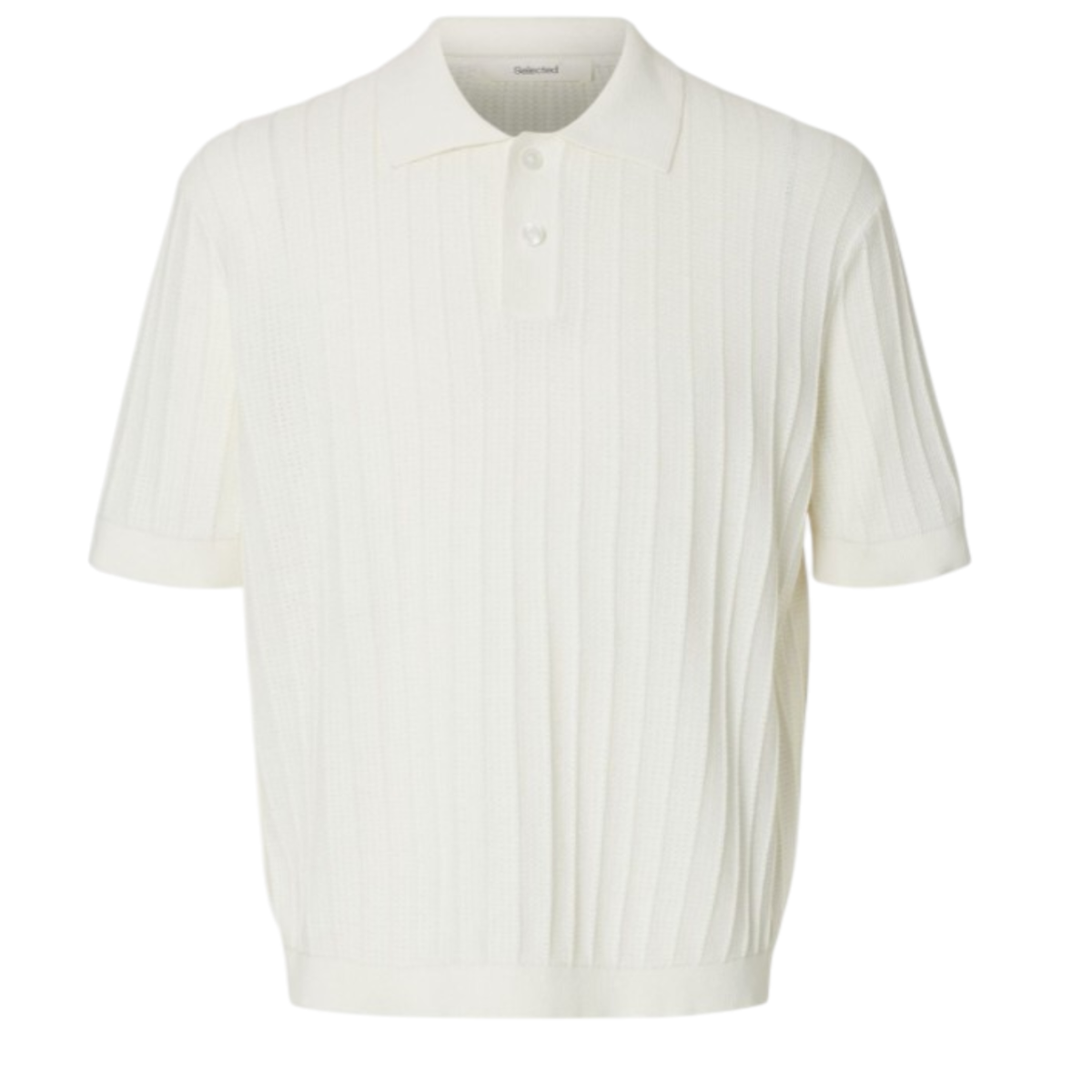 Selected Homme Off-White Textured Knit Polo Shirt.