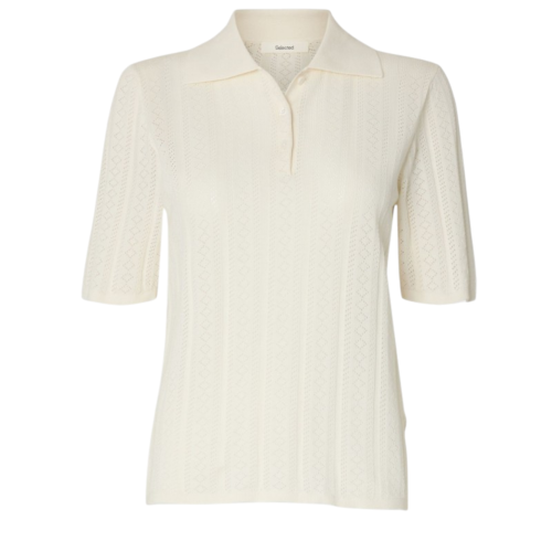 Selected Femme Cream Ribbed Knit Polo Top.