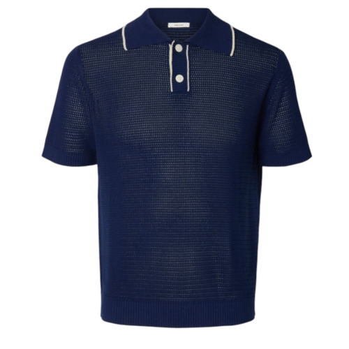 Selected Homme Navy Open-Knit Polo Shirt.