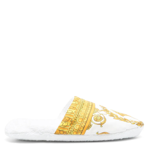 Versace White La Greca Print Slippers.