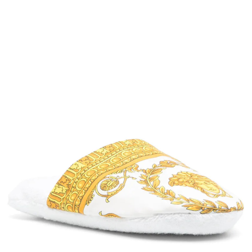 Versace White La Greca Print Slippers.