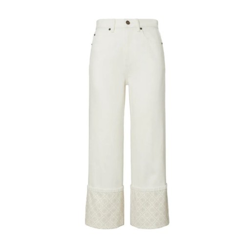 White Contrast Cuff Straight-Leg Jeans