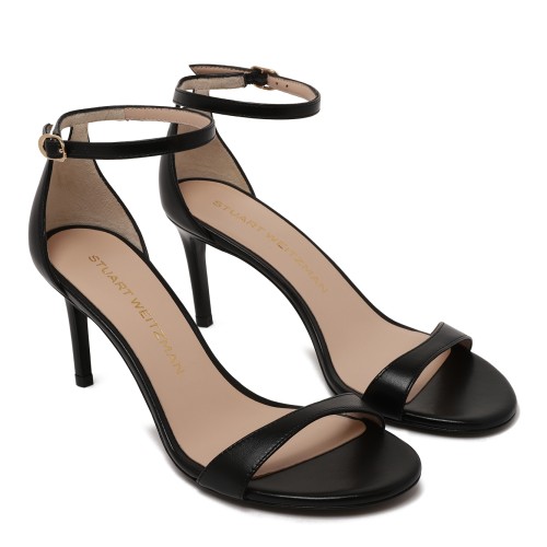 Stuart Weitzman Black Leather Ankle-Strap Sandals.