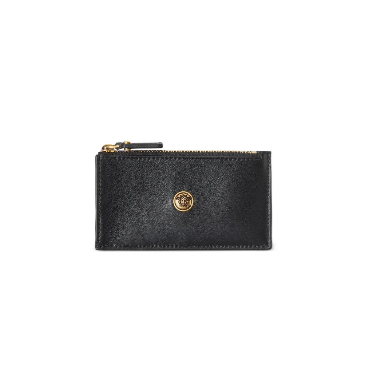 Versace Black Lamb Leather Zip Card Case.