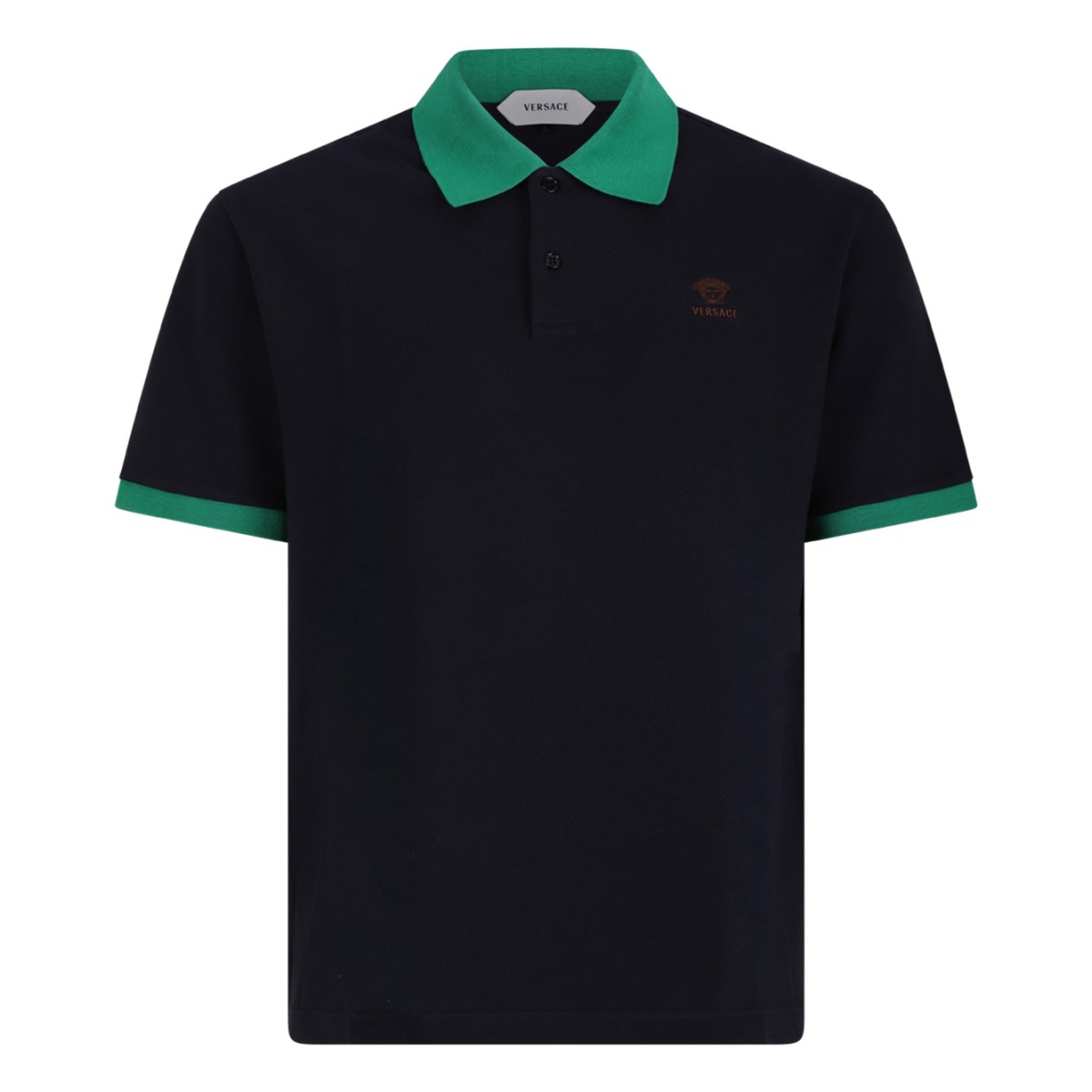 Versace Navy Cotton Polo Shirt with Green Collar.