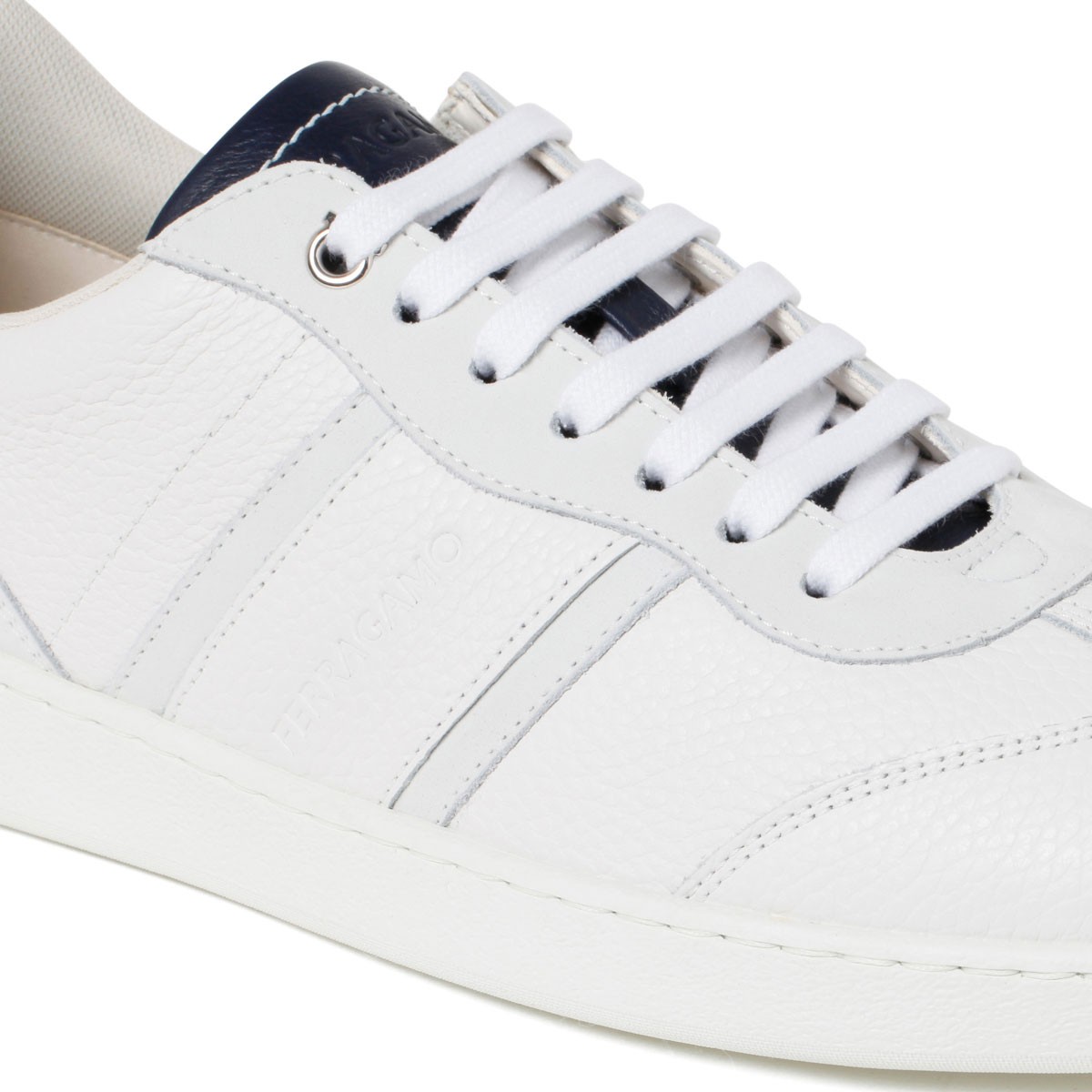 Ferragamo White Leather Sneakers with Contrast Heel Detail.