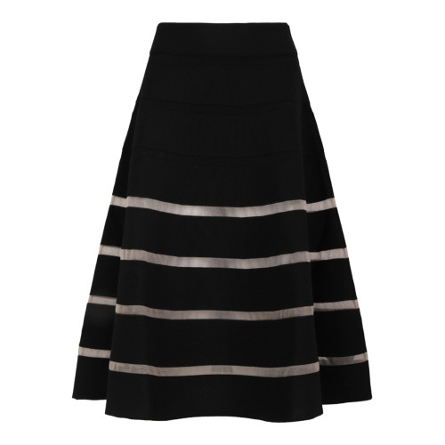 Balmain Black Knit Flared Midi Skirt with Stripe Detail.