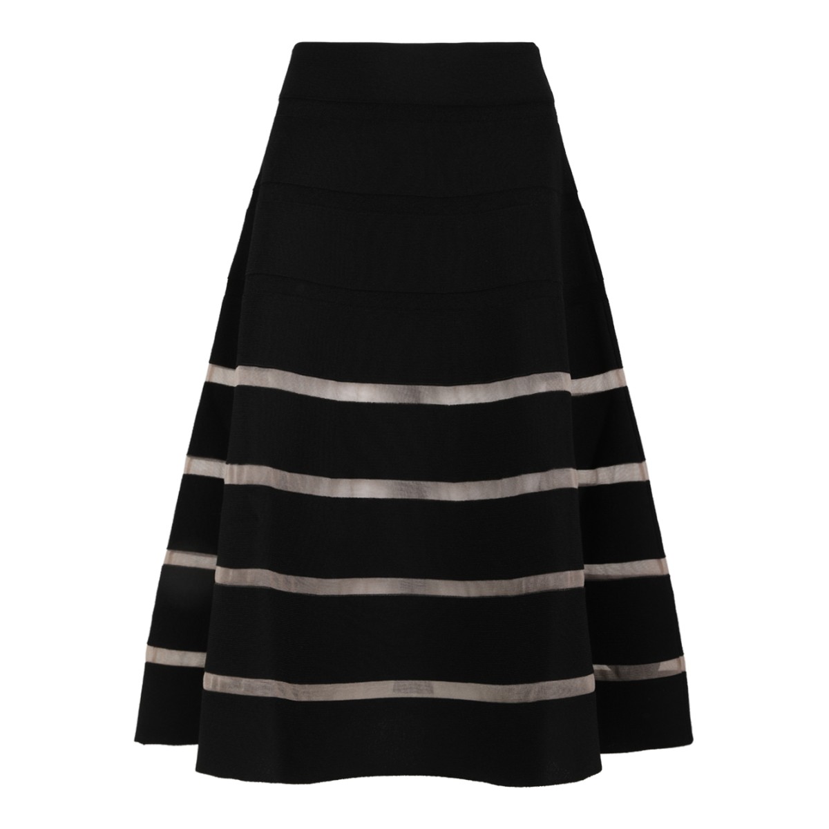 Balmain Black Knit Flared Midi Skirt with Stripe Detail.