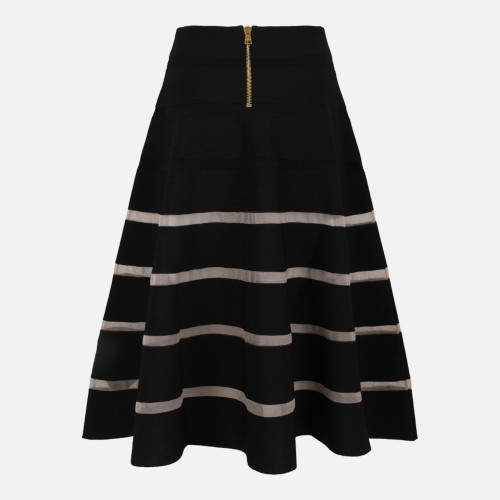 Balmain Black Knit Flared Midi Skirt with Stripe Detail. 2