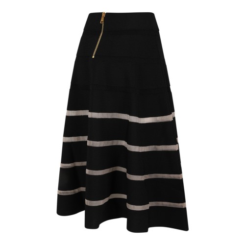 Balmain Black Knit Flared Midi Skirt with Stripe Detail.