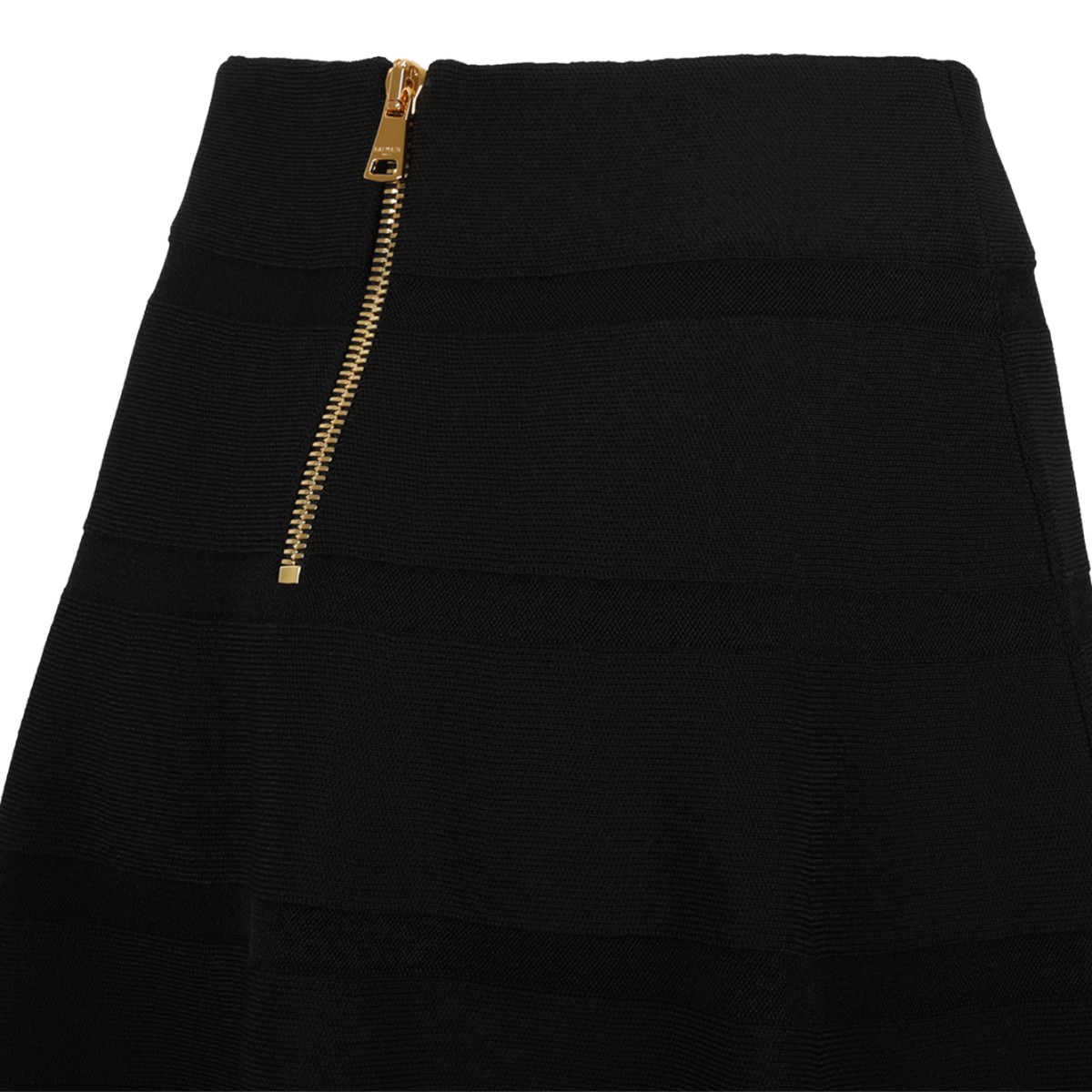 Balmain Black Knit Flared Midi Skirt with Stripe Detail.