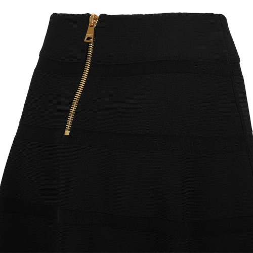 Balmain Black Knit Flared Midi Skirt with Stripe Detail.