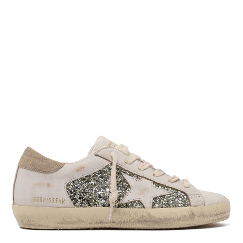 Golden Goose Super-Star White Glitter Sneakers.