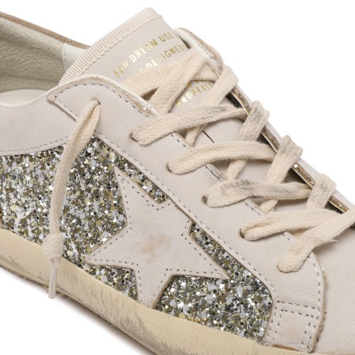 Golden Goose Super-Star White Glitter Sneakers.
