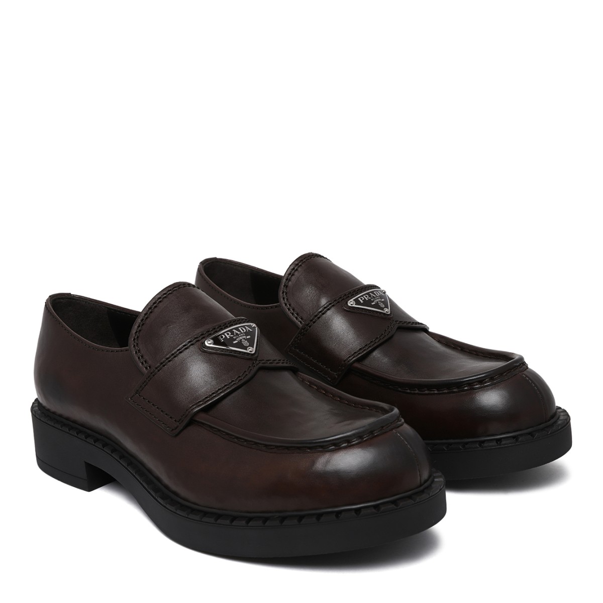 Prada Dark Brown Leather Penny Loafers.