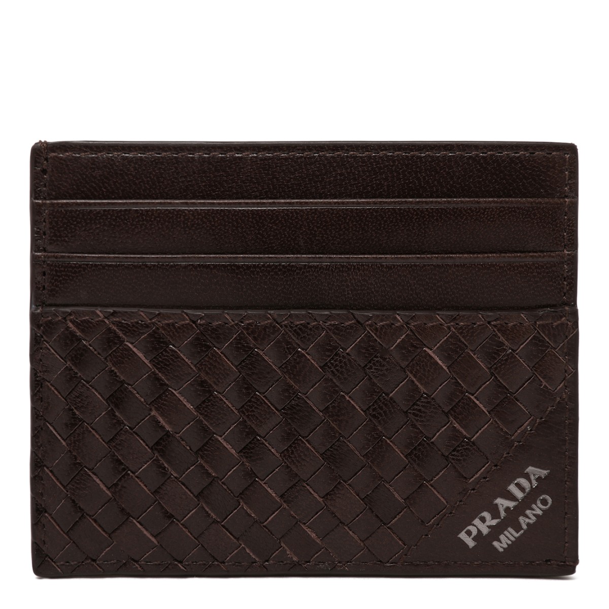 Prada Dark Brown Intrecciato Leather Card Holder.