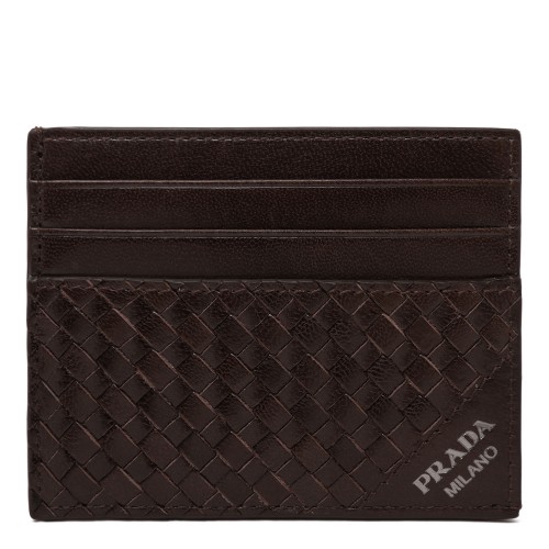 Prada Dark Brown Intrecciato Leather Card Holder.
