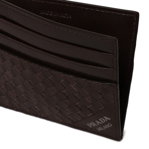 Prada Dark Brown Intrecciato Leather Card Holder.