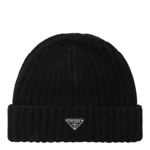 Prada Black Ribbed Knit Beanie.