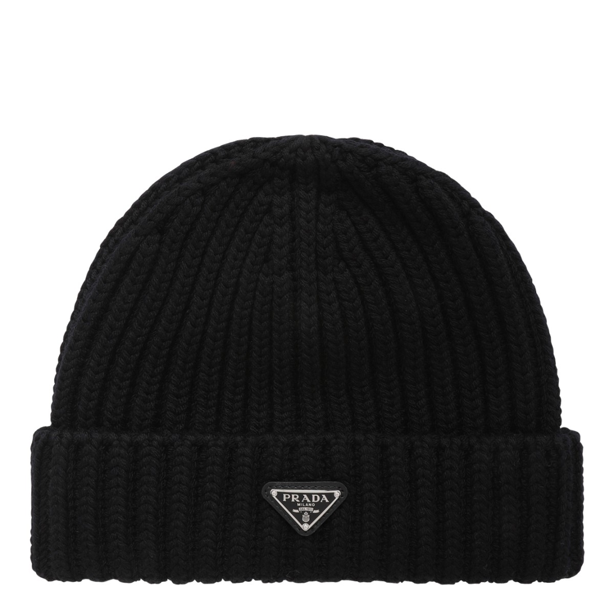 Prada Black Ribbed Knit Beanie.