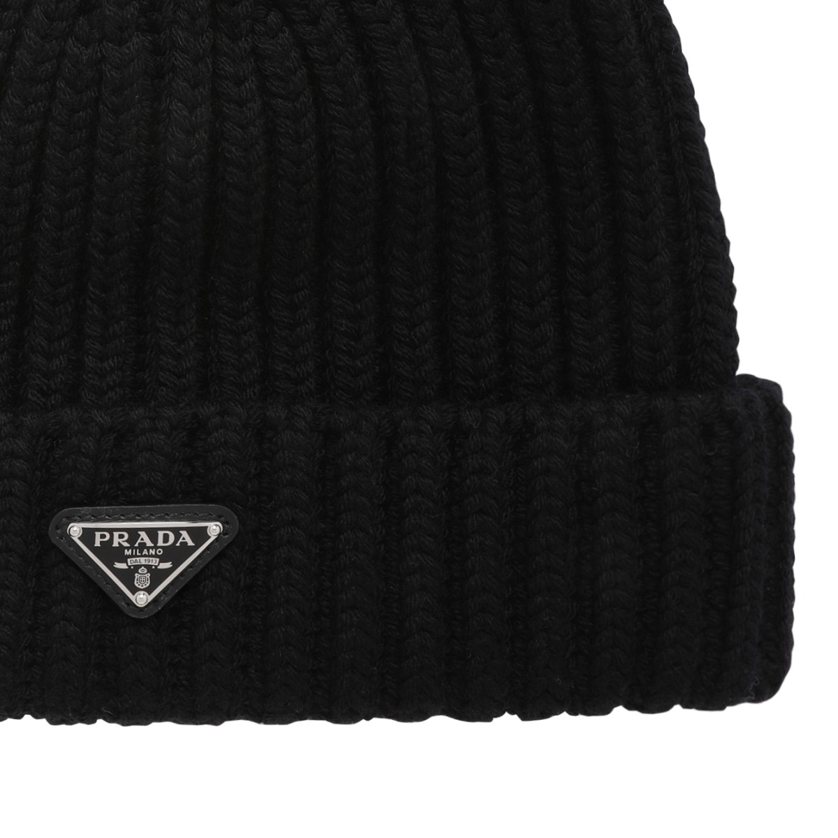 Prada Black Ribbed Knit Beanie.