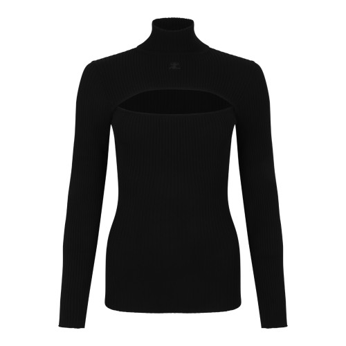 Courrges Black Cut-Out Turtleneck Knit Top.