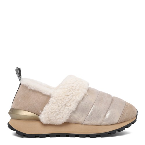 Voile Blanche Beige Shearling Slip-On Sneakers.