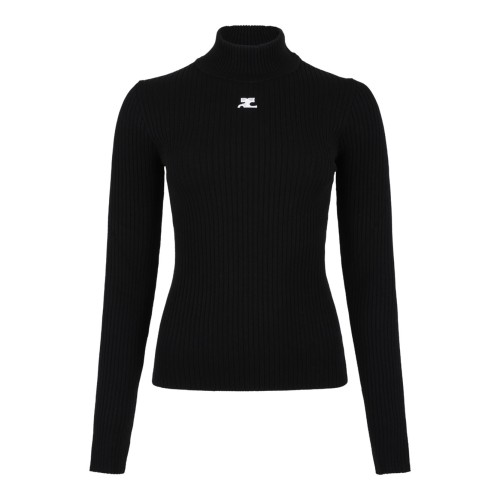 Courrges Black Ribbed Turtleneck Sweater.