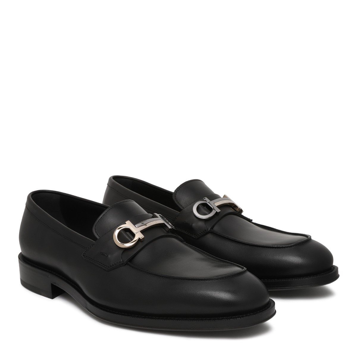 Ferragamo Black Leather Loafers.