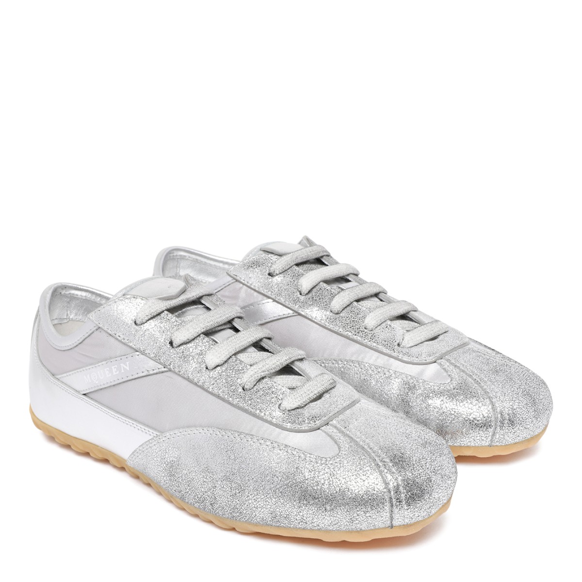 Alexander McQueen White and Silver Leather Sneakers.